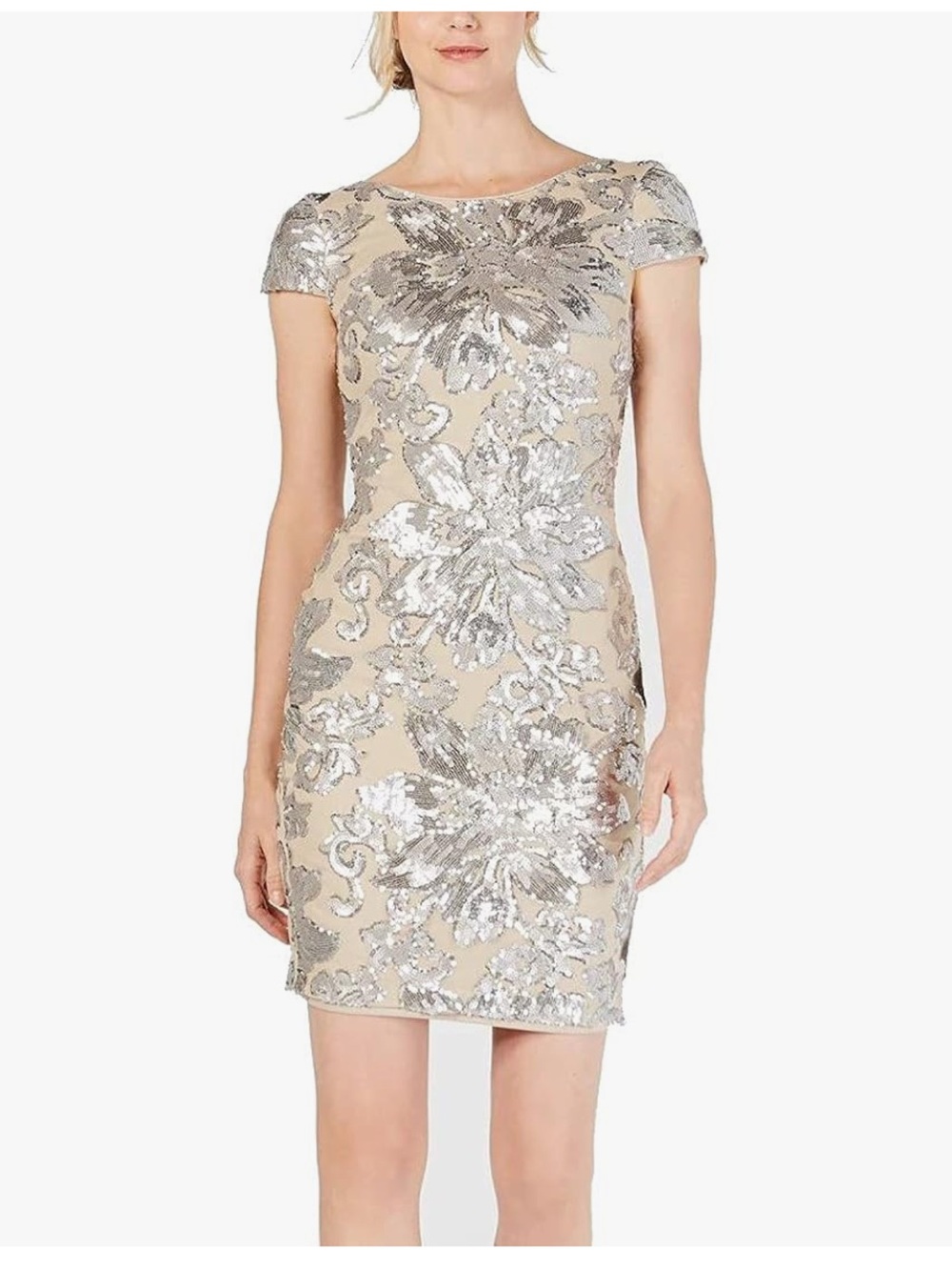 Calvin Klein Sequin Floral Cap Sleeve Cocktail Dress Silver and Khaki